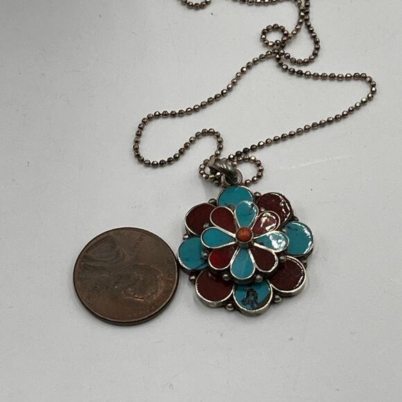 Sterling Silver Turquoise Coral Inlay Floral Bloom Spinning Pendant Necklace - Picture 13 of 13